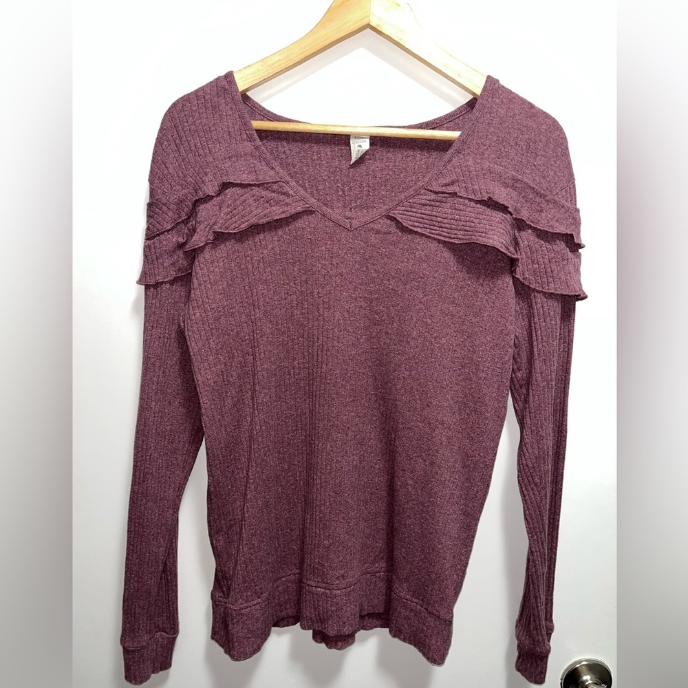 Kate Quinn Purple Ruffle Long Sleeve V Neck 100% Cotton Top Women’s Size Medium